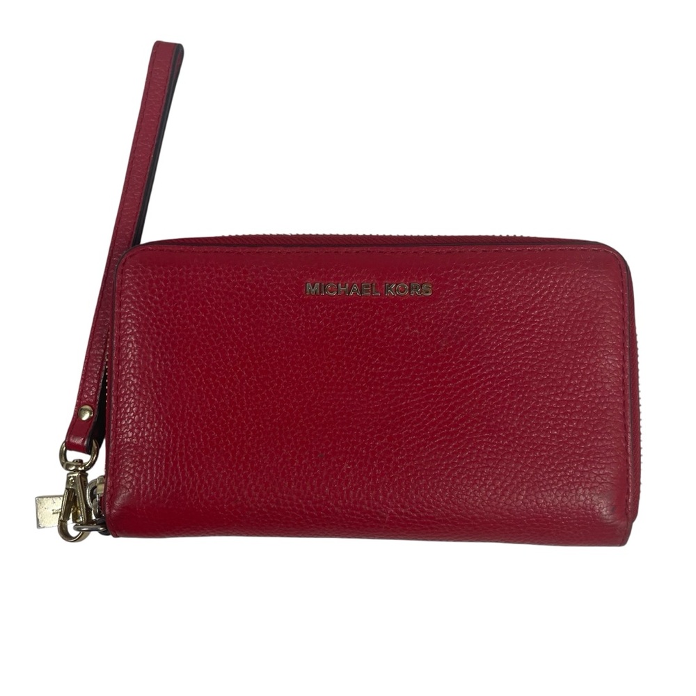 Michael Kors Mercer Wristlet Wallet Zip All Around Red Gold Leather Phone